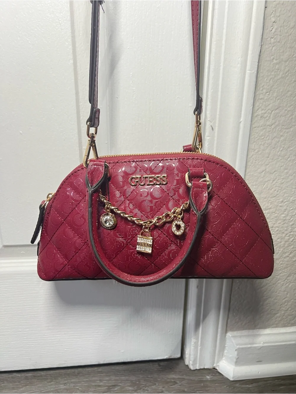 GUESS Quilted Dome Satchel in Deep Berry